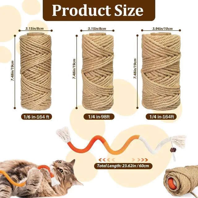 Alt view image 2 of 7 - Natural Sisal Rope for Cat Scratcher,1/6 inch,164Ft,Natural Jute Rope for Cat Scratcher Repair and DIY Tree, Recovering, Hemp Twine Rope for Cat Scratching Post Tower Replacement with Chew Toy