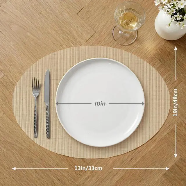 Alt view image 2 of 6 - Oval Placemats Set of 6 Woven Vinyl Non-Slip Heat Resistant Stain Resistant Easy Clean Place mats for Dining Table(Light Brown)