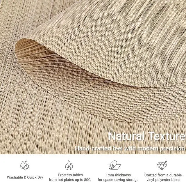 Alt view image 3 of 6 - Oval Placemats Set of 6 Woven Vinyl Non-Slip Heat Resistant Stain Resistant Easy Clean Place mats for Dining Table(Light Brown)