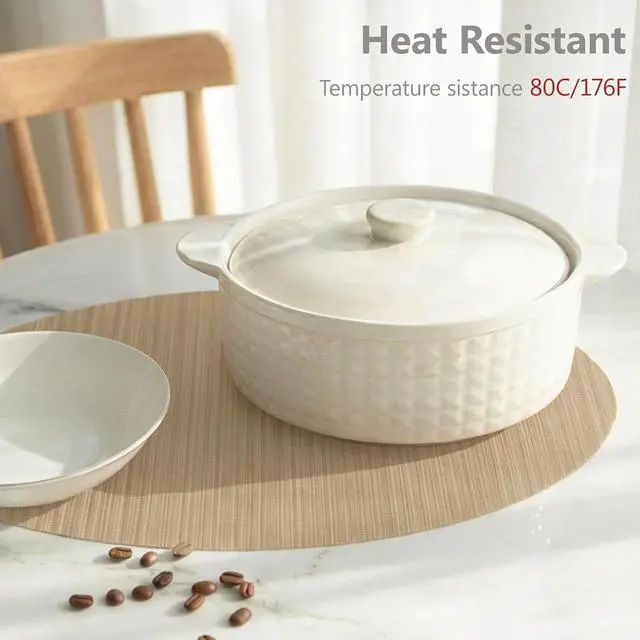 Alt view image 4 of 6 - Oval Placemats Set of 6 Woven Vinyl Non-Slip Heat Resistant Stain Resistant Easy Clean Place mats for Dining Table(Light Brown)