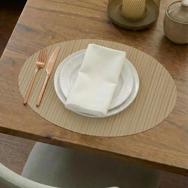 Alt view image 5 of 6 - Oval Placemats Set of 6 Woven Vinyl Non-Slip Heat Resistant Stain Resistant Easy Clean Place mats for Dining Table(Light Brown)