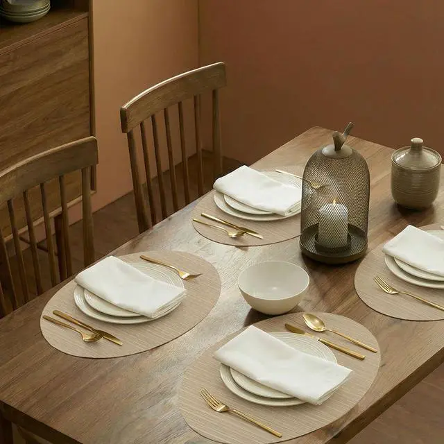 Alt view image 6 of 6 - Oval Placemats Set of 6 Woven Vinyl Non-Slip Heat Resistant Stain Resistant Easy Clean Place mats for Dining Table(Light Brown)