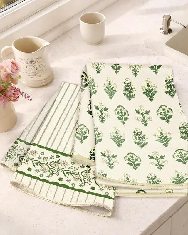 Alt view image 2 of 5 - 2pcs Kitchen Towels - Boho Kitchen Towels Set of 2 with Hanging Loop Decorative Absorbent 18x26 Inch Hand Towel Botanical Design Dish Cloth for Housewarming Hostess Gifts, French Country