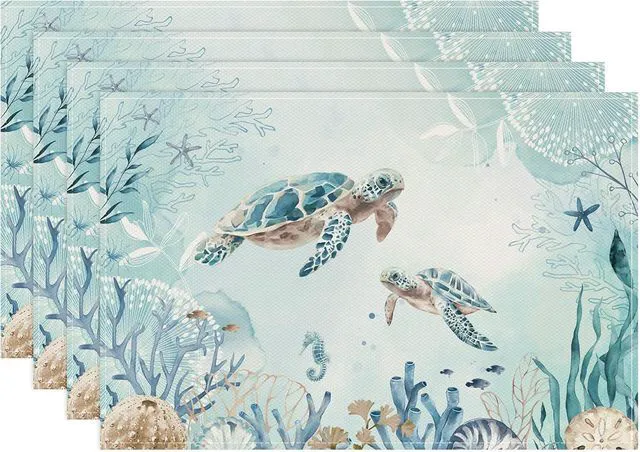 Main image of Sea Turtle Placemats Set of 4, 12x18 Inch Teal Blue Ocean Seahorse Coastal Beach Starfish Seashell Summer Kitchen Dining Table Mats Washable Place Mats for Indoor Outdoor Home Party Decor