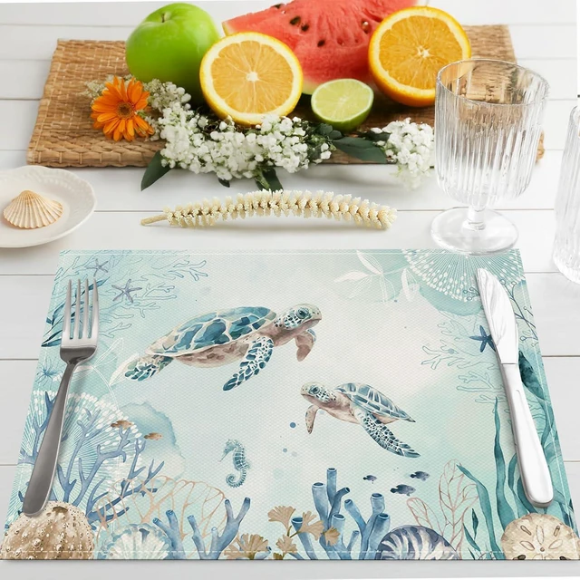 Alt view image 2 of 6 - Sea Turtle Placemats Set of 4, 12x18 Inch Teal Blue Ocean Seahorse Coastal Beach Starfish Seashell Summer Kitchen Dining Table Mats Washable Place Mats for Indoor Outdoor Home Party Decor