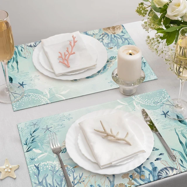 Alt view image 3 of 6 - Sea Turtle Placemats Set of 4, 12x18 Inch Teal Blue Ocean Seahorse Coastal Beach Starfish Seashell Summer Kitchen Dining Table Mats Washable Place Mats for Indoor Outdoor Home Party Decor