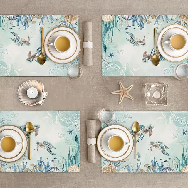 Alt view image 4 of 6 - Sea Turtle Placemats Set of 4, 12x18 Inch Teal Blue Ocean Seahorse Coastal Beach Starfish Seashell Summer Kitchen Dining Table Mats Washable Place Mats for Indoor Outdoor Home Party Decor