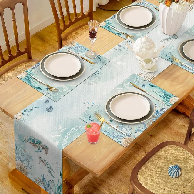 Alt view image 5 of 6 - Sea Turtle Placemats Set of 4, 12x18 Inch Teal Blue Ocean Seahorse Coastal Beach Starfish Seashell Summer Kitchen Dining Table Mats Washable Place Mats for Indoor Outdoor Home Party Decor