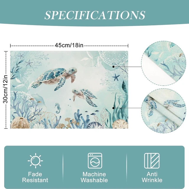 Alt view image 6 of 6 - Sea Turtle Placemats Set of 4, 12x18 Inch Teal Blue Ocean Seahorse Coastal Beach Starfish Seashell Summer Kitchen Dining Table Mats Washable Place Mats for Indoor Outdoor Home Party Decor