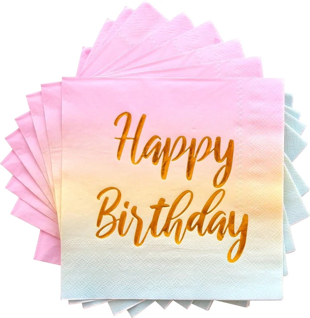 Main image of Happy Birthday Napkins - 50 Pack Pastel Metallic Birthday Disposable Paper Napkins with Gold Foil Printing on Pink Yellow Blue Ombre Gradient for Cocktail Party Supplies - 6.5" x 6.5" inches