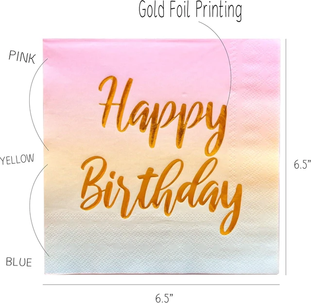 Alt view image 2 of 5 - Happy Birthday Napkins - 50 Pack Pastel Metallic Birthday Disposable Paper Napkins with Gold Foil Printing on Pink Yellow Blue Ombre Gradient for Cocktail Party Supplies - 6.5" x 6.5" inches