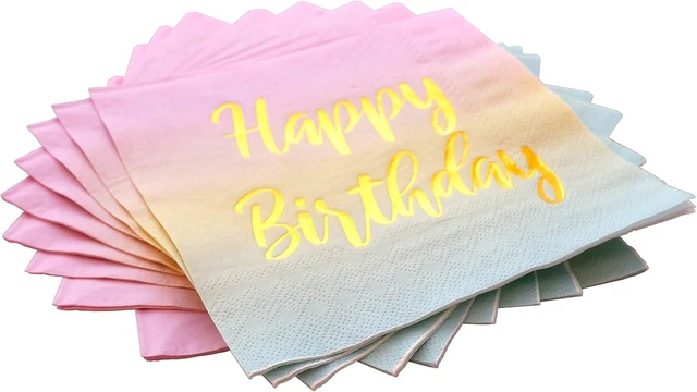 Alt view image 3 of 5 - Happy Birthday Napkins - 50 Pack Pastel Metallic Birthday Disposable Paper Napkins with Gold Foil Printing on Pink Yellow Blue Ombre Gradient for Cocktail Party Supplies - 6.5" x 6.5" inches