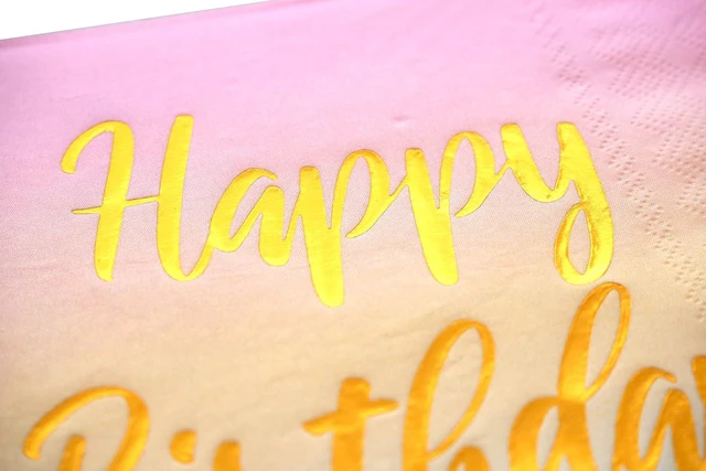 Alt view image 4 of 5 - Happy Birthday Napkins - 50 Pack Pastel Metallic Birthday Disposable Paper Napkins with Gold Foil Printing on Pink Yellow Blue Ombre Gradient for Cocktail Party Supplies - 6.5" x 6.5" inches