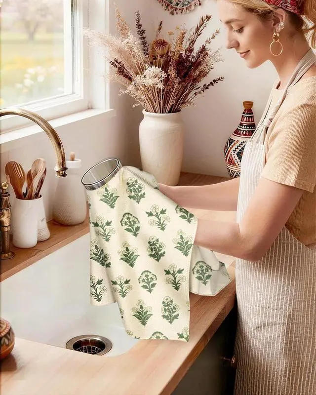 Alt view image 3 of 5 - 2pcs Kitchen Towels - Boho Kitchen Towels Set of 2 with Hanging Loop Decorative Absorbent 18x26 Inch Hand Towel Botanical Design Dish Cloth for Housewarming Hostess Gifts, French Country