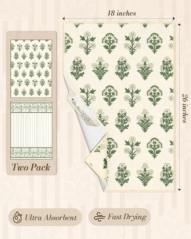 Alt view image 4 of 5 - 2pcs Kitchen Towels - Boho Kitchen Towels Set of 2 with Hanging Loop Decorative Absorbent 18x26 Inch Hand Towel Botanical Design Dish Cloth for Housewarming Hostess Gifts, French Country