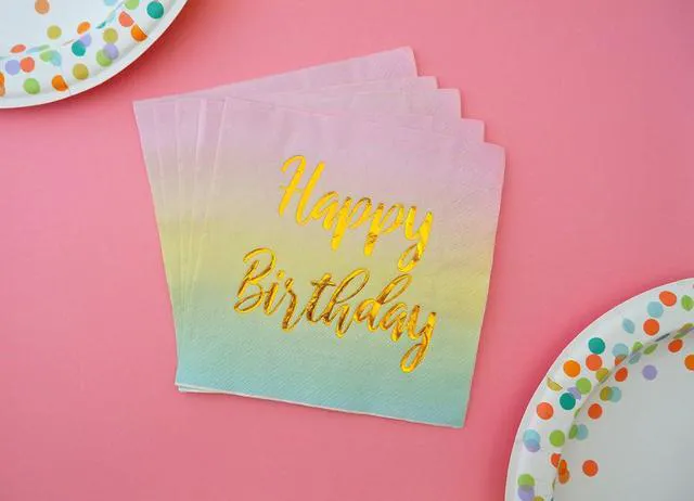 Alt view image 5 of 5 - Happy Birthday Napkins - 50 Pack Pastel Metallic Birthday Disposable Paper Napkins with Gold Foil Printing on Pink Yellow Blue Ombre Gradient for Cocktail Party Supplies - 6.5" x 6.5" inches