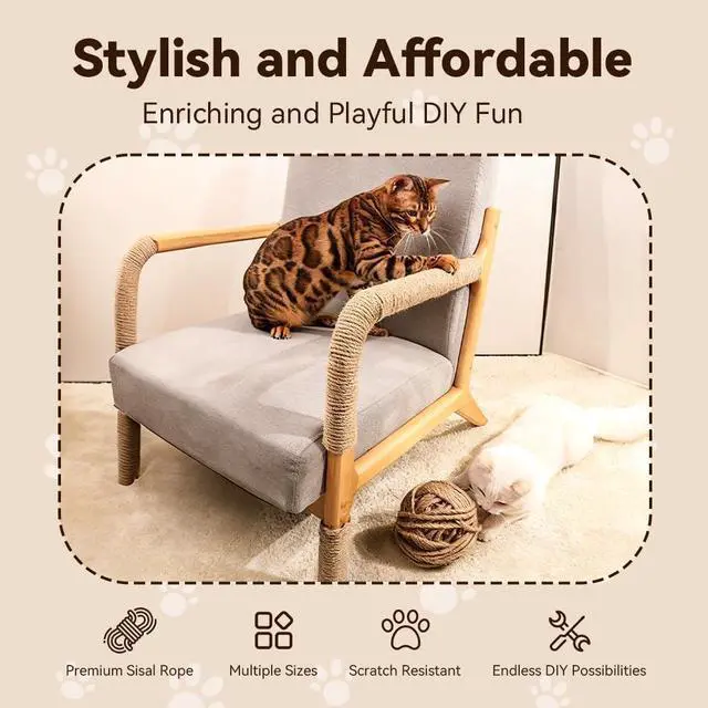 Alt view image 3 of 7 - Natural Sisal Rope, 4mm x 66 ft, Cat Scratcher Repair | Also great for crafts, garden projects, furniture wrapping, scratch pads, and natural home decor beyond cat furniture.