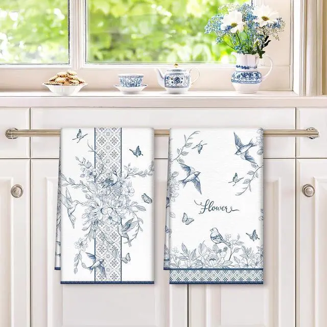 Alt view image 4 of 6 - Vintage Bird Floral Microfiber Kitchen Towels, Soft Absorbent Hand Towel 15.7 × 23.6 inch, Thick Dish Cloth for Party Anniversary Holiday Decoration, Housewarming Gifts for Mom