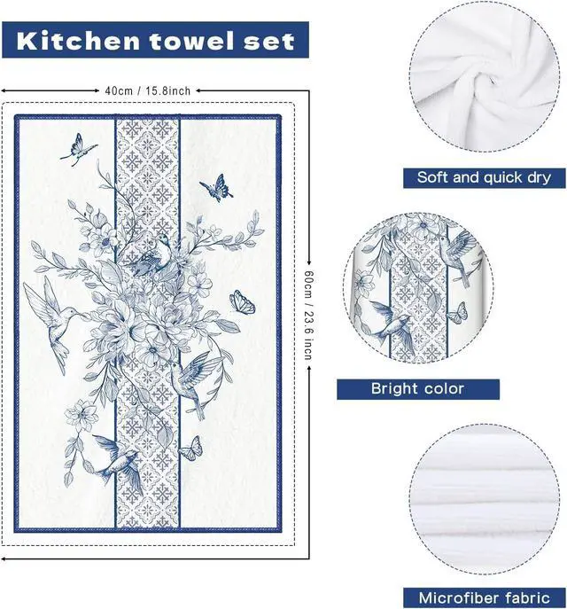 Alt view image 6 of 6 - Vintage Bird Floral Microfiber Kitchen Towels, Soft Absorbent Hand Towel 15.7 × 23.6 inch, Thick Dish Cloth for Party Anniversary Holiday Decoration, Housewarming Gifts for Mom