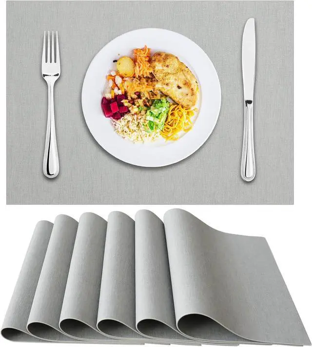 Main image of Table Placemats Set of 6: 17 X 12 Inch Faux Leather Non-Slip Reversible Place Mats - Waterproof Heat Resistant Wipeable Vinyl Table Mats for Indoor & Outdoor, Light Grey