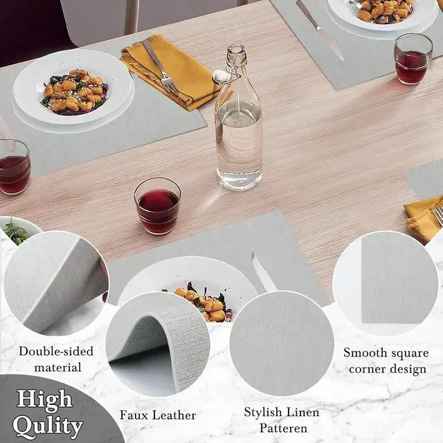 Alt view image 3 of 7 - Table Placemats Set of 6: 17 X 12 Inch Faux Leather Non-Slip Reversible Place Mats - Waterproof Heat Resistant Wipeable Vinyl Table Mats for Indoor & Outdoor, Light Grey