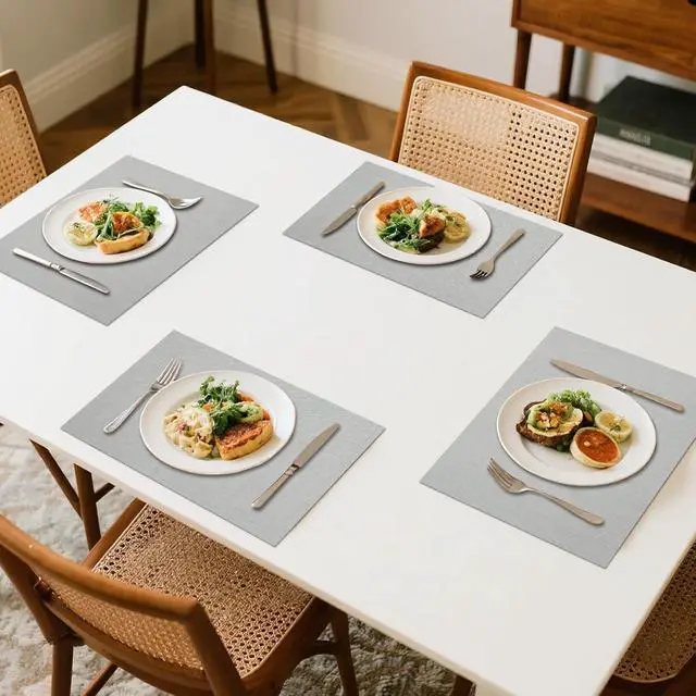 Alt view image 2 of 7 - Table Placemats Set of 6: 17 X 12 Inch Faux Leather Non-Slip Reversible Place Mats - Waterproof Heat Resistant Wipeable Vinyl Table Mats for Indoor & Outdoor, Light Grey
