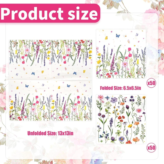 Alt view image 3 of 7 - Floral Paper Napkins, Wildflower Party Napkins 100 Pack, 13 X 13 Inches