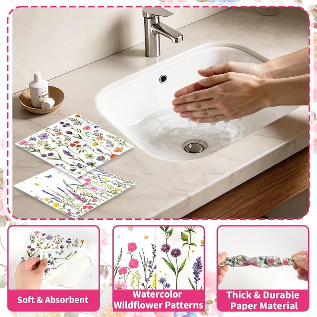 Alt view image 4 of 7 - Floral Paper Napkins, Wildflower Party Napkins 100 Pack, 13 X 13 Inches
