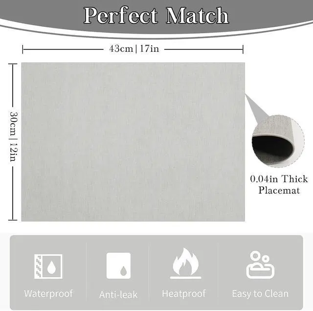 Alt view image 7 of 7 - Table Placemats Set of 6: 17 X 12 Inch Faux Leather Non-Slip Reversible Place Mats - Waterproof Heat Resistant Wipeable Vinyl Table Mats for Indoor & Outdoor, Light Grey