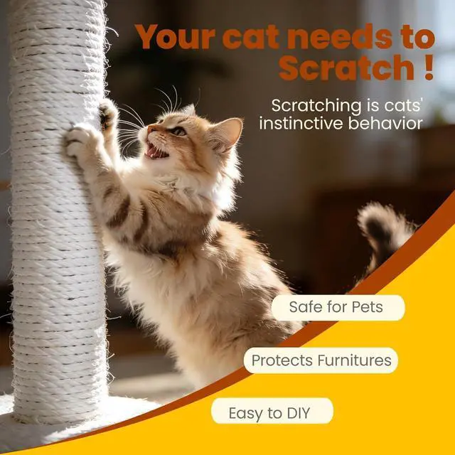 Alt view image 2 of 7 - Natural Sisal Rope for Cat Scratching Post Replacement 3/16 Inch x 50 ft, Twine for Repair, Restore & DIY Cat Trees, Towers, Furniture, White