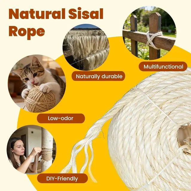 Alt view image 3 of 7 - Natural Sisal Rope for Cat Scratching Post Replacement 3/16 Inch x 50 ft, Twine for Repair, Restore & DIY Cat Trees, Towers, Furniture, White