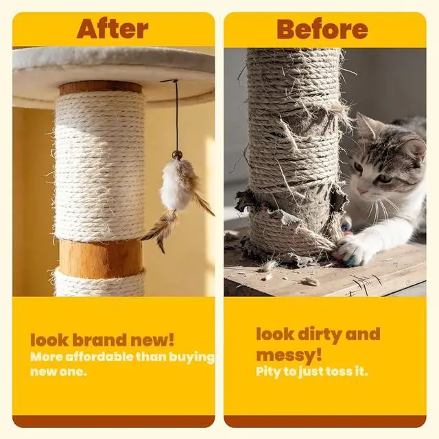 Alt view image 4 of 7 - Natural Sisal Rope for Cat Scratching Post Replacement 3/16 Inch x 50 ft, Twine for Repair, Restore & DIY Cat Trees, Towers, Furniture, White