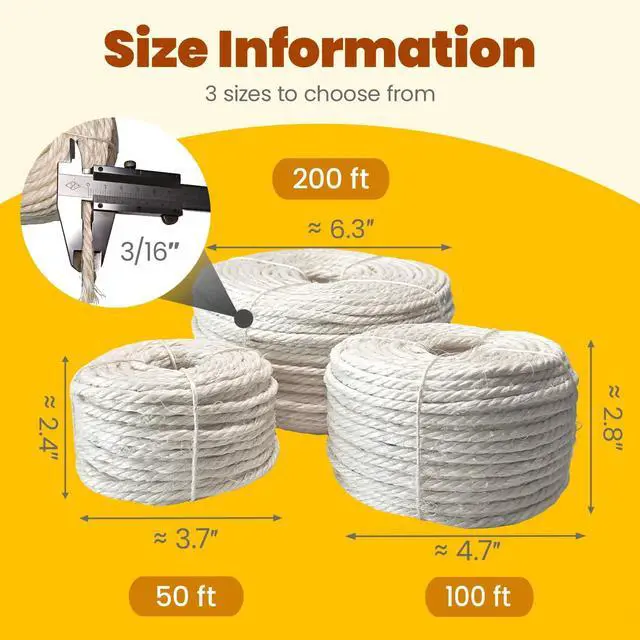 Alt view image 5 of 7 - Natural Sisal Rope for Cat Scratching Post Replacement 3/16 Inch x 50 ft, Twine for Repair, Restore & DIY Cat Trees, Towers, Furniture, White