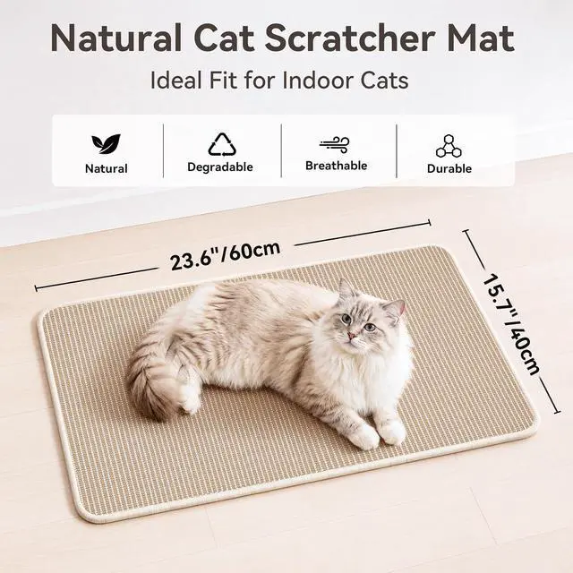 Alt view image 2 of 7 - Cat Scratcher Mat, 23.6"x15.7" Natural Sisal Cat Scratch Pad | Low-Shedding Cat Scratching Mat with Sticky Taps, Durable Cat Wall Scratcher for Indoor Cats, Protect Couch, Carpet & Floor