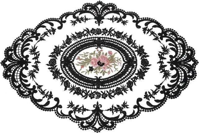 Main image of Retro Lace Placemat 12x16-in Oval Embroidered Table Place Mats French Crochet Doilies Coasters Cup Mat for Home Wedding, Black