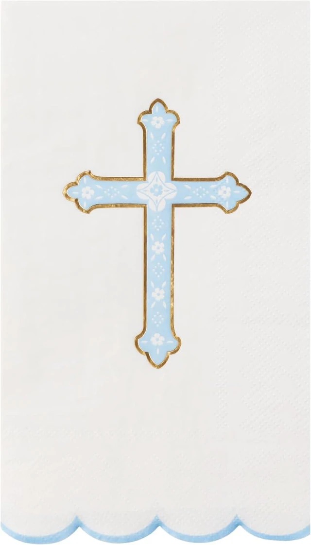 Main image of Bonjour Fête Sky Blue Cross Paper Party Guest Towels | 3-Ply Napkins for Baptisms, Baby Showers, First Communions, Church, Easter | Premium Decor | Elegant Party Supplies | Pack of 20, 4.25" x 7.75"