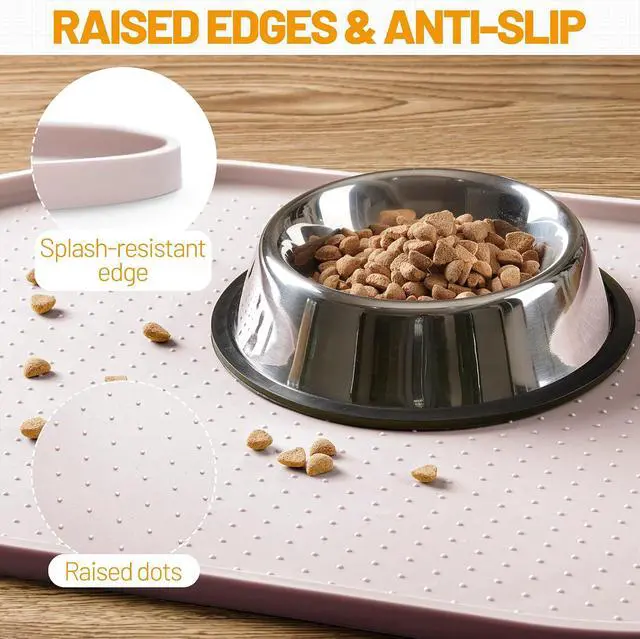 Alt view image 3 of 7 - 100% Waterproof Silicone Pet Feeding Mat with Raised Edge for Food and Water, Dog Bowl Mats, Cat Bowls Placemat with High Lip Protects Floor for Cats and Dogs (White Sand, 19" L x 12" W)