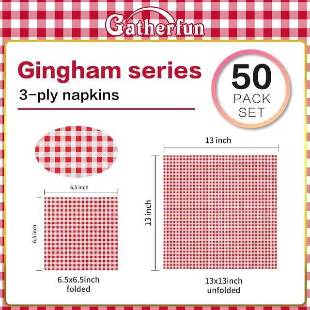 Alt view image 2 of 5 - Disposable Paper Napkins Red and White Gingham for Dinner Picnic and Parties (Pack of 50)