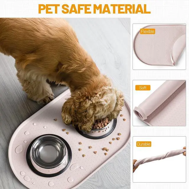 Alt view image 5 of 7 - 100% Waterproof Silicone Pet Feeding Mat with Raised Edge for Food and Water, Dog Bowl Mats, Cat Bowls Placemat with High Lip Protects Floor for Cats and Dogs (White Sand, 19" L x 12" W)
