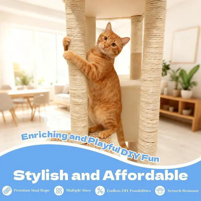 Alt view image 3 of 7 - Natural Sisal Rope, 4mm x 66 ft, Cat Scratcher Repair | Also great for crafts, garden projects, furniture wrapping, scratch pads, and natural home decor beyond cat furniture.