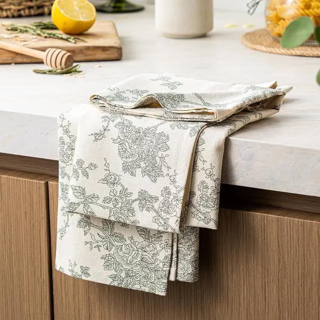 Main image of Multi-Purpose French Pastoral Tea Towels Set of 2, Green | 100% Organic Cotton Flour Sack Kitchen Towels, 18x25in Absorbent Dish Cloths, Farmhouse Napkins, Decorative Hand Towels Set