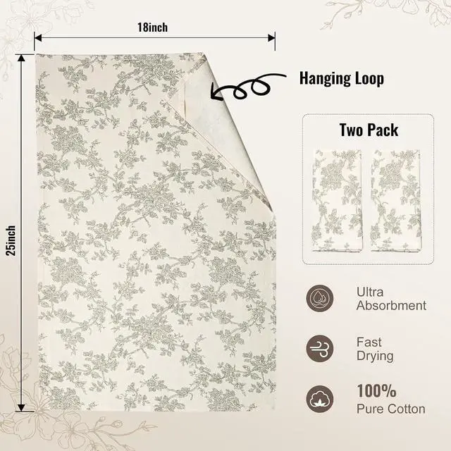 Alt view image 2 of 7 - Multi-Purpose French Pastoral Tea Towels Set of 2, Green | 100% Organic Cotton Flour Sack Kitchen Towels, 18x25in Absorbent Dish Cloths, Farmhouse Napkins, Decorative Hand Towels Set