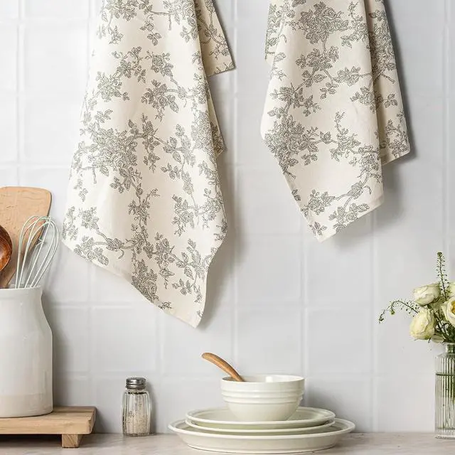 Alt view image 7 of 7 - Multi-Purpose French Pastoral Tea Towels Set of 2, Green | 100% Organic Cotton Flour Sack Kitchen Towels, 18x25in Absorbent Dish Cloths, Farmhouse Napkins, Decorative Hand Towels Set