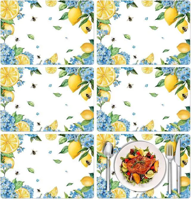 Main image of Hydrangea Lemon Placemats Set of 6, 11 x 15.7 Inch Decorative Lemon Floral Vinyl Table Mats for Summer Holiday Wedding Birthday Party Supplies