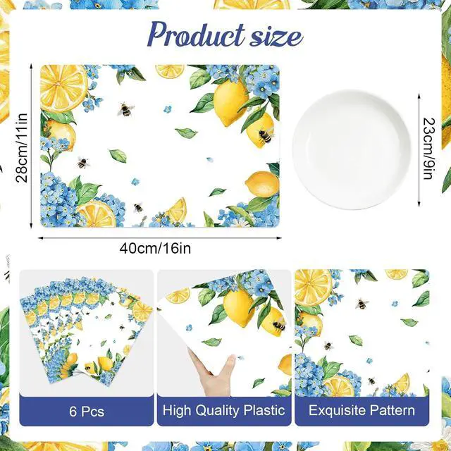 Alt view image 3 of 7 - Hydrangea Lemon Placemats Set of 6, 11 x 15.7 Inch Decorative Lemon Floral Vinyl Table Mats for Summer Holiday Wedding Birthday Party Supplies