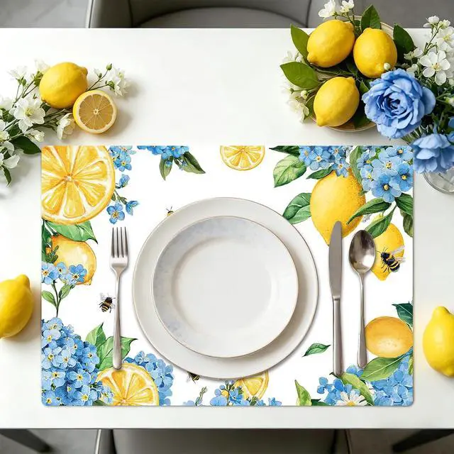 Alt view image 2 of 7 - Hydrangea Lemon Placemats Set of 6, 11 x 15.7 Inch Decorative Lemon Floral Vinyl Table Mats for Summer Holiday Wedding Birthday Party Supplies
