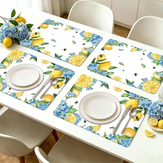 Alt view image 5 of 7 - Hydrangea Lemon Placemats Set of 6, 11 x 15.7 Inch Decorative Lemon Floral Vinyl Table Mats for Summer Holiday Wedding Birthday Party Supplies