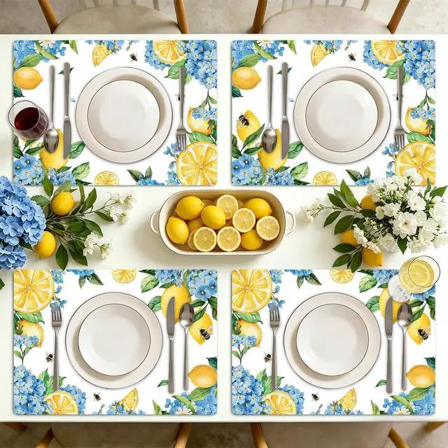 Alt view image 6 of 7 - Hydrangea Lemon Placemats Set of 6, 11 x 15.7 Inch Decorative Lemon Floral Vinyl Table Mats for Summer Holiday Wedding Birthday Party Supplies