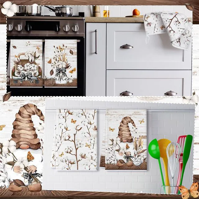 Alt view image 6 of 6 - 6 Pcs Home Kitchen Towels Summer Flower Floral Farmhouse Kitchen Hand Dish Towels Fast Drying Decor for Cooking(Brown,Cotton)