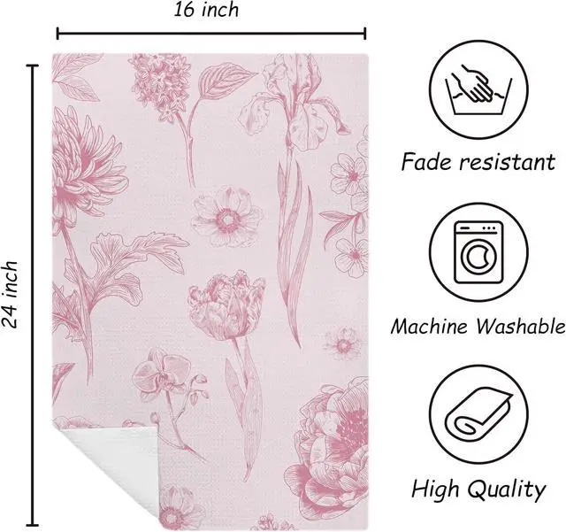 Alt view image 7 of 7 - Pink Floral Kitchen Towels, Pastel Flower Botanical Dish Tea Towels for Kitchen Decor, Vintage Elegant Cottagecore Floral Decorative Hand Towel for Bathroom, 16x24 Inch